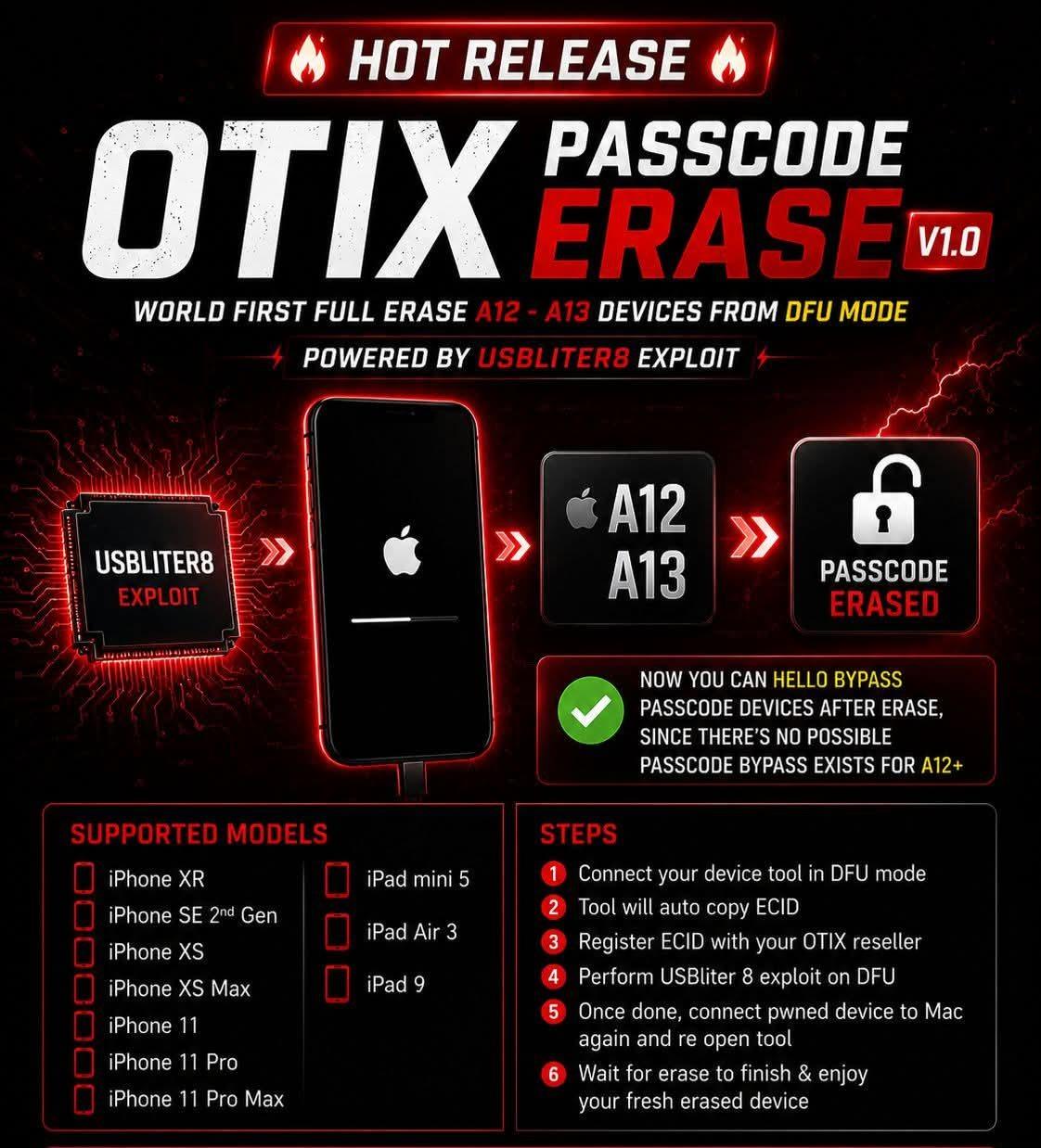 OTIX PASSCODE ERASE - DFU Mode (A12  A13) - All IOS Versions Supported 